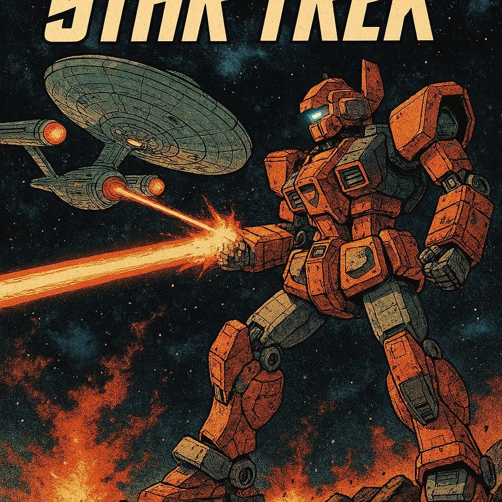 科幻机甲漫画《星际迷航》封面，巨型机器人与外星飞船对峙场景